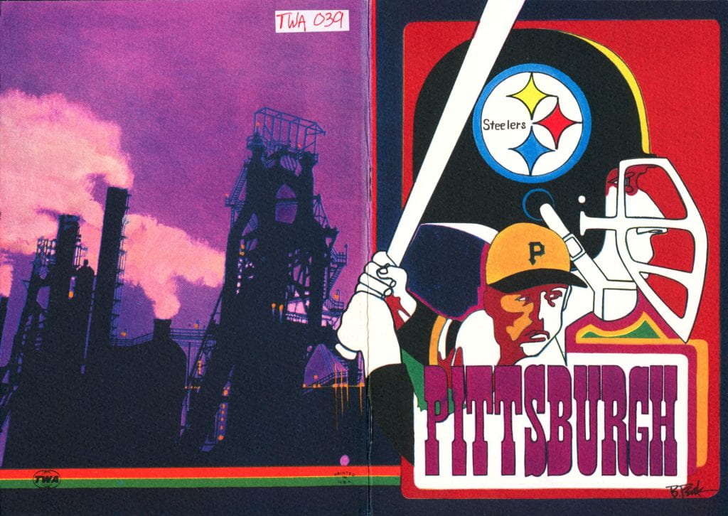 Illustration of a Pittsburgh Steeler and Pirate along with steel mills. Text reads "Pittsburgh."