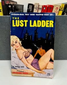 Paperback book with a scantily clad lounging white woman against a night city background
