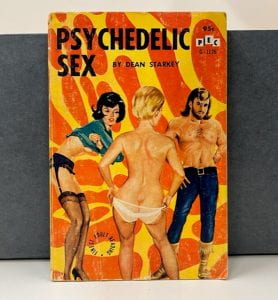 Paperback book cover with a 2 white women and a man standing scantily clad.