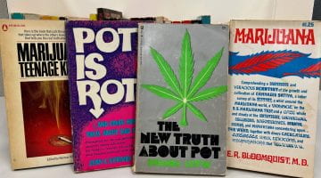 4 paperback books about pot with various colors and illustrations on the front.