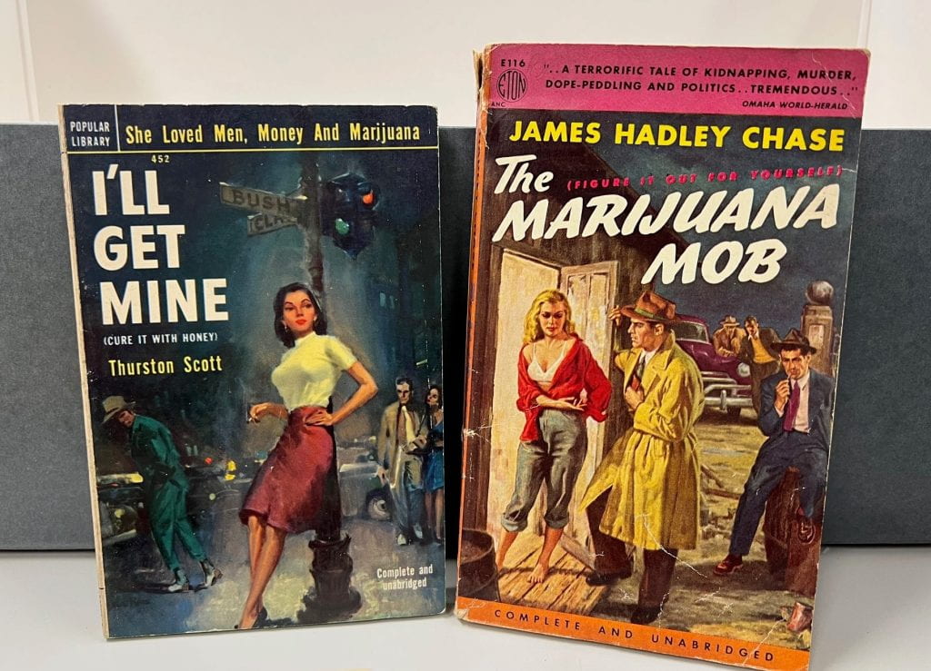 2 paperback illustrated book covers featuring sultry white women.