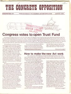Cover of The Concrete Opposition August 1973. A hand drawn illustration of a train and the US Capitol building is below the masthead. The top headline is Congress Votes to Open Trust Fund