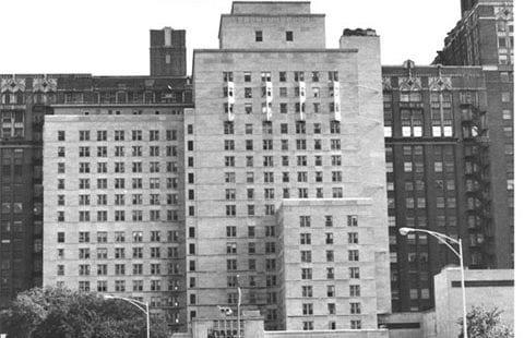Black and white photo of Abbott Hall, viewed across the street