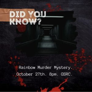 An instagram post advertising a murder-mystery themed social event.