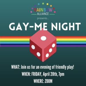 An instagram post publicizing a game night, spelled "Gay-me" as a queer pun.