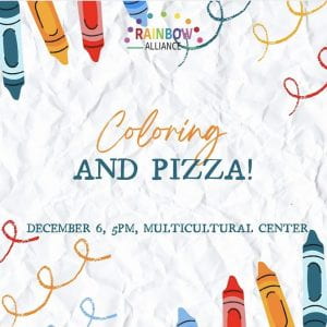 An instagram post publicizing a social event involving coloring and pizza.