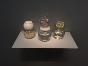 Stella’s Stoichiometry (all things being equal, 6 lbs. 13 oz.), 2012. Tap water, rock sugar, canola oil, powdered L-Arginine, three oyster shells, baking powder, glass containers, and vinyl; dimensions variable.