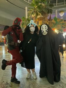Photo: me posing with two people dressed up for Halloween at the popular amusement park Lotte World. (Deadpool on the left and Spirited Away character No Face on the right) Also taken by my friend Chaehyeon. 