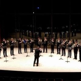 The Northwestern University Trombone Choir performing in Galvin Recital Hall