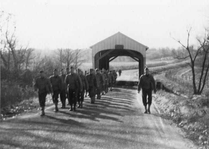 Men marching at Fort Benjamin Harrison