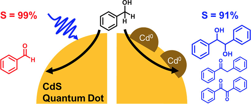 Selective Photocatalytic Oxidation of Benzyl Alcohol to Benzaldehyde or C-C Coupled Products by Visible-Light-Absorbing Quantum Dots