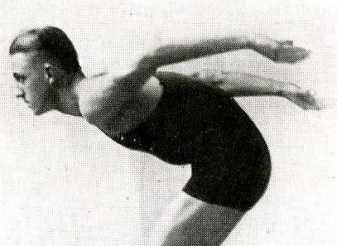 Photograph of West in his water basketball uniform, 1917