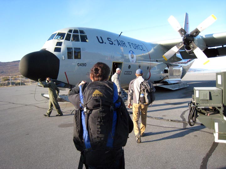 Boarding an Air National Guard Hercules C-130 flight in Kangerlussuaq to head home.