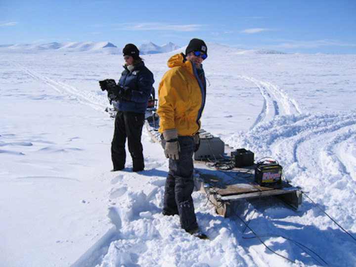 Geophysical surveys on an ice-covered lake, Baffin Island.