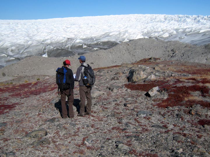 After coring in the airport region near Ilulissat, we flew back to Kangerlussuaq for some glacial geology. Here Nicolas Young and I are examining the Little Ice Age moraine and a possible older Neoglacial moraine.