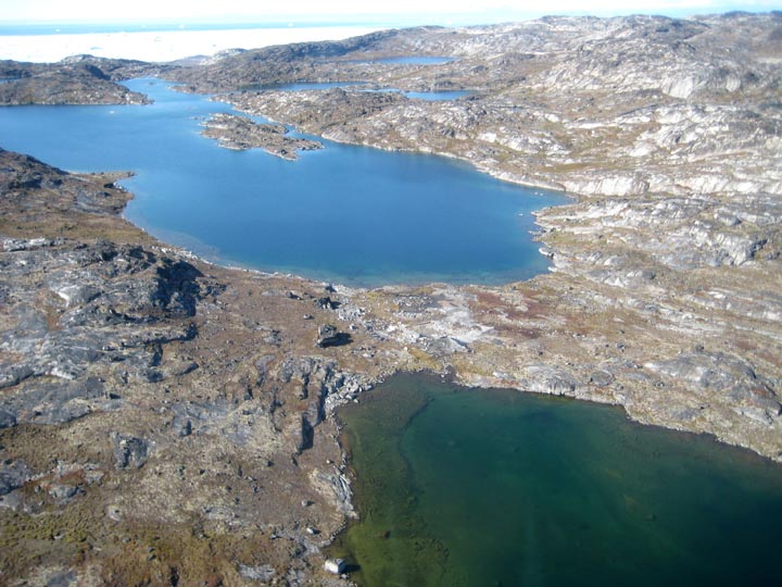 The three airport-region lakes we targeted for coring are visible here. The lakes are informally named Fishtote Lake (foreground), Jawbone Lake (middle of photo), and Portage Lake (visible in background). My primary objective in Greenland is to obtain Holocene paleoenvironmental and, if feasible, paleotemperature records from these lakes.