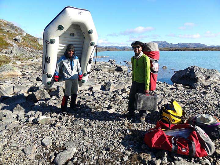 We accessed our study sites by portaging equipment from coastal drop-off points accessible from Nuuk by boat. Many thanks to the wonderful local business, MR Charter, for boat rides and other help with logistics. 